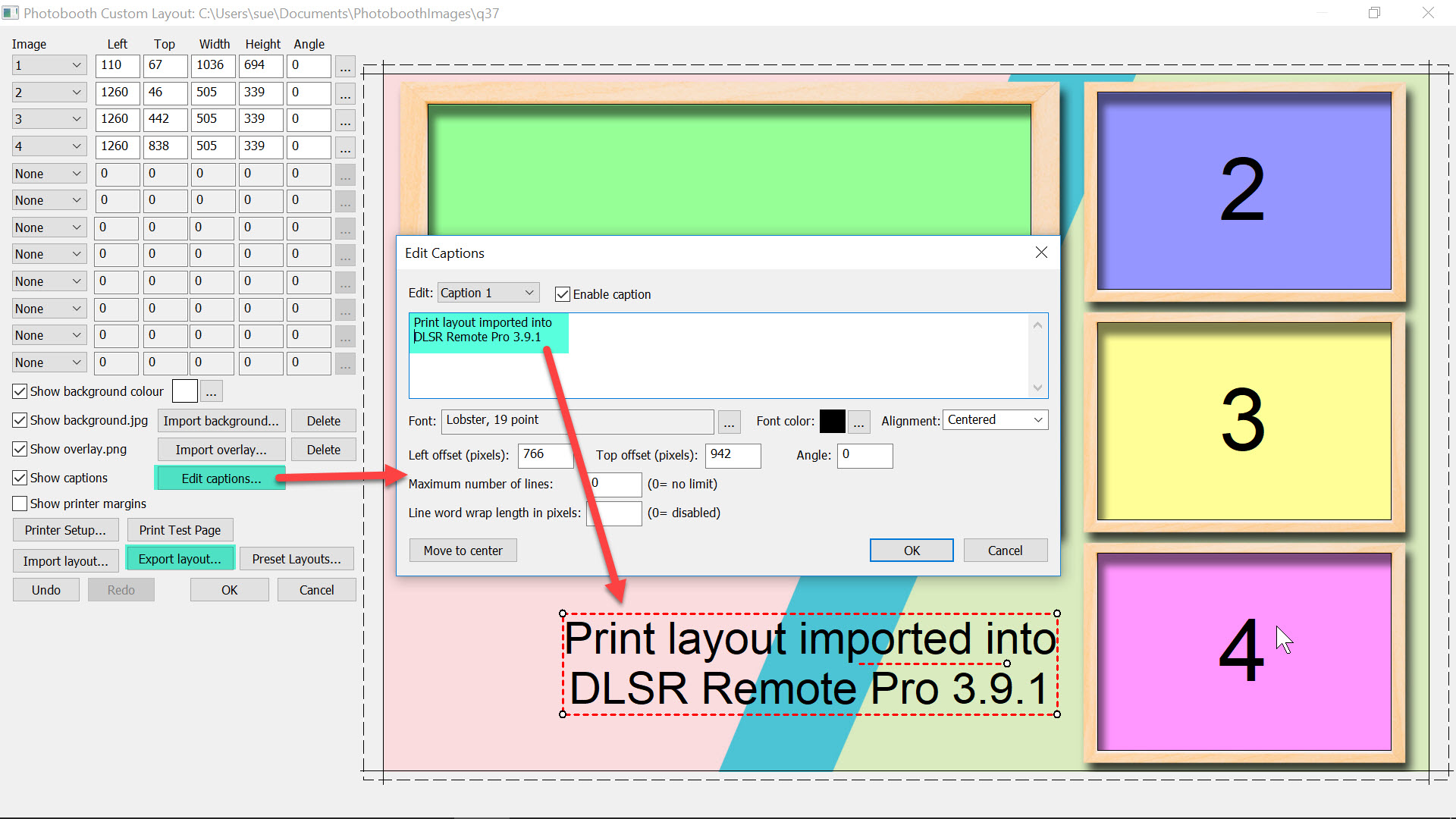 Editing a caption in the Print Layout Editor DSLR Remote Pro 3.9.1