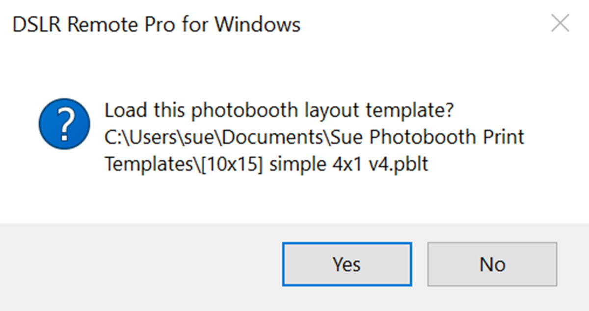 Shows Print Template import confirmation window DSLR Remote Pro 3.9.1