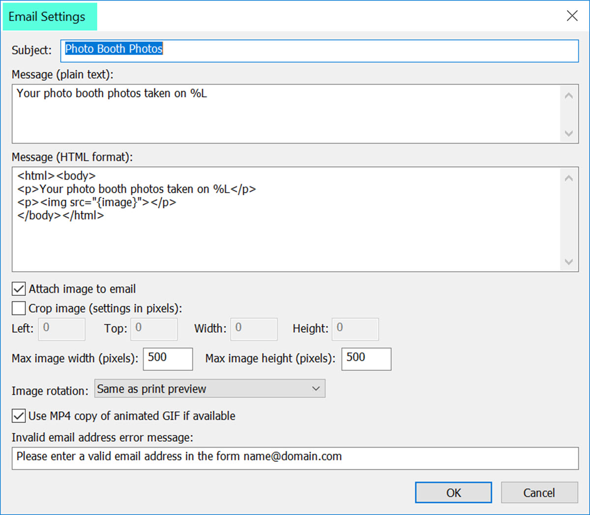 DSLR Remote Pro Email Settings screen showing default settings