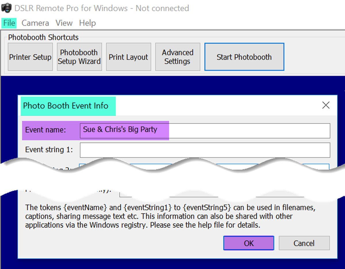 Photo Booth Event Info screen in DSLR Remote Pro 3.11.2