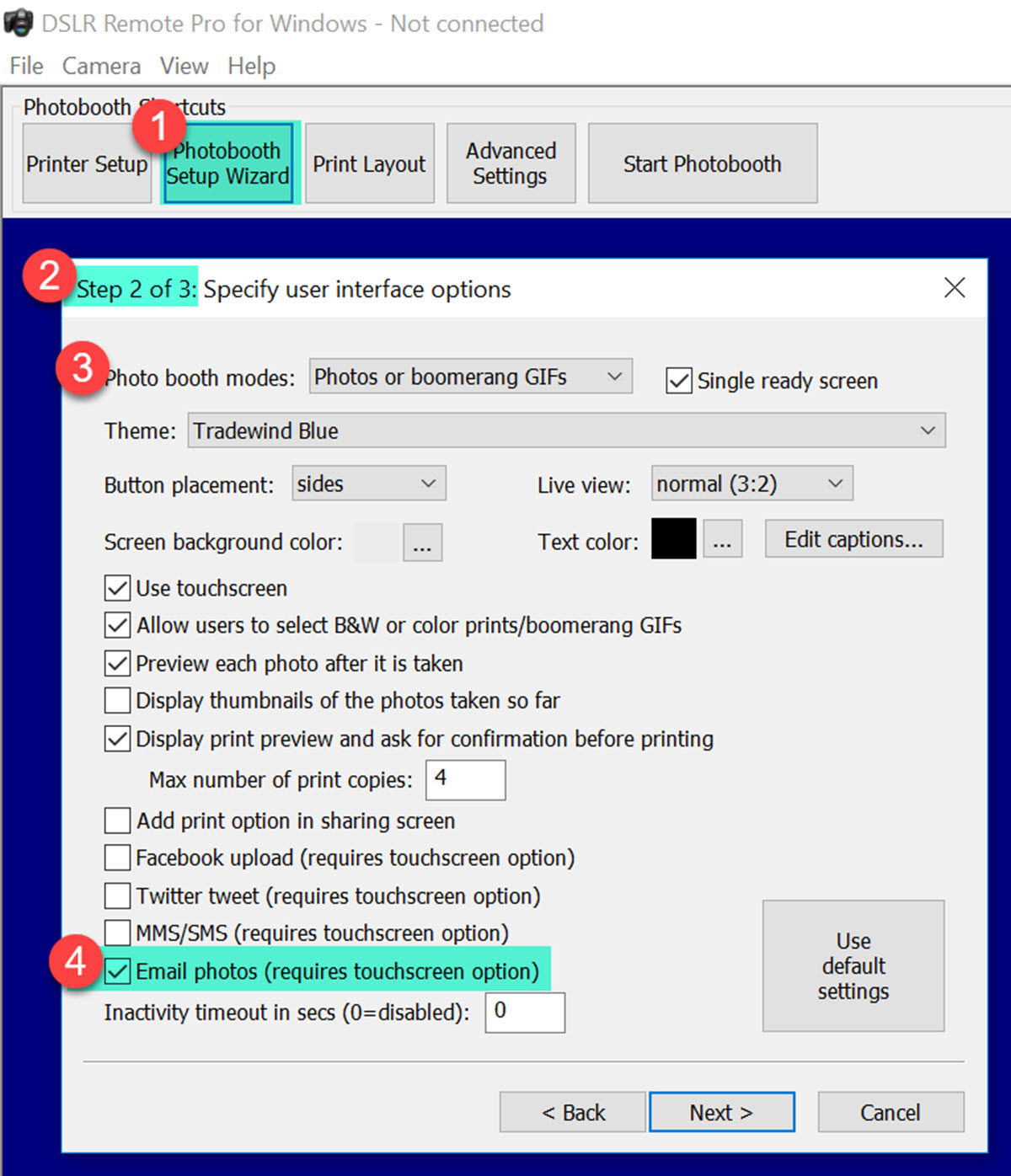 DSLR Remote Pro setup wizard step 2 screen